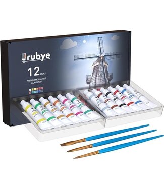 Rubye® Rubye® Acrylfarbe - Malen - Pinsel - Hobby und Kreativ - Malen nach Zahlen - 22ML Tuben - 12 Farben