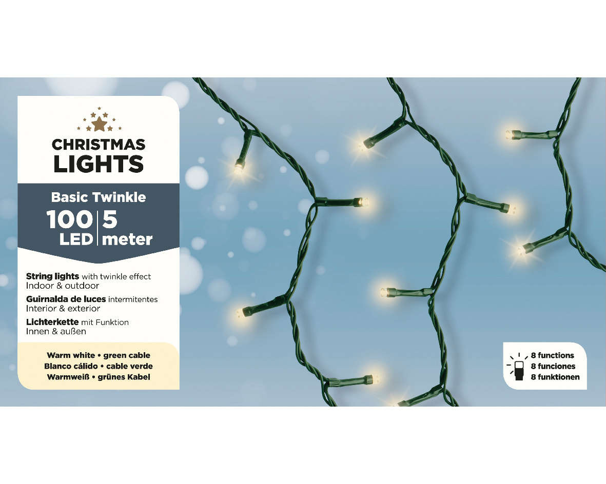 LEDs günstig Kaufen-Weihnachtslichter Weihnachtslichter - 5M - 100 LED. Weihnachtslichter Weihnachtslichter - 5M - 100 LED <![CDATA[Diese Lichtergirlande mit Glitzereffekt und 8 verschiedenen Lichtfunktionen hat ein grünes Kabel mit warmweißen LEDs und eine 8-Stunden-Timer