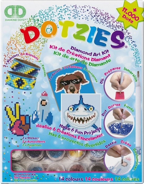 Aufkleber Pack günstig Kaufen-DIAMOND DOTZ - Megapack DOTZIES 6-teilig - Diamantmalerei - 2 Bilder 15 x 15 cm, 2 Armbänder, 2 Aufkleber - 11.000+ Dotz - Komplettes Bastelset für Kinder ab 8 Jahren - Blau. DIAMOND DOTZ - Megapack DOTZIES 6-teilig - Diamantmalerei - 2 Bilder 1