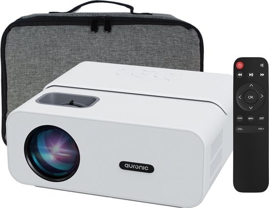 Tragetasche günstig Kaufen-Auronic Beamer - 10.000 Lumen - WiFi - 170-Zoll-Projektor - Full HD - HDMI-Kabel, Fernbedienung, Projektionswand und Tragetasche - Weiß. Auronic Beamer - 10.000 Lumen - WiFi - 170-Zoll-Projektor - Full HD - HDMI-Kabel, Fernbedienung, Projektionswand 