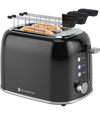 KitchenBrothers KitchenBrothers Toaster mit Toasty Clamps - Toaster - 6 Heizstufen - Breite Schlitze - Toaster - Toasti Gerät - 870W - Schwarz