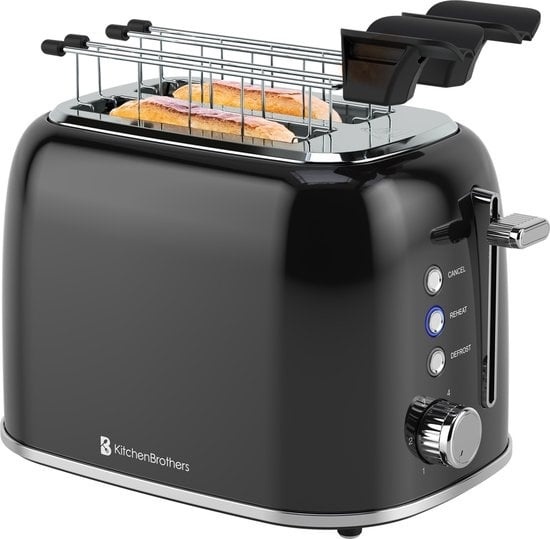 KitchenBrothers Toaster mit Toasty Clamps - Toaster - 6 Heizstufen - Breite Schlitze - Toaster - Toasti Gerät - 870W - S