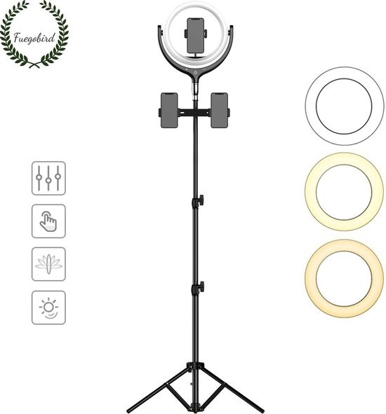 mit Blitzlicht günstig Kaufen-Fuegobird LED Ringlampe mit Stativ inkl. Handyhalterung - 30 cm - 200 cm hoch (verstellbar) - USB - TikTok - Ringlicht - Blitzlicht - Ringlampe - Vlog - Make-up Licht - Studioleuchte (Schwarz). Fuegobird LED Ringlampe mit Stativ inkl. Handyhalterung - 30 