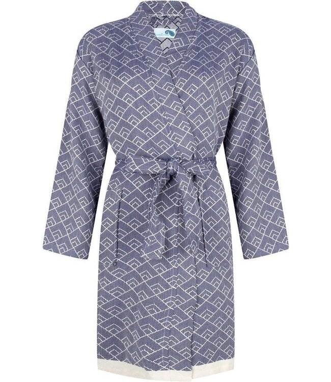 ZusenZomer Hamam Sauna Damen Bademantel Morgenmantel Kimono GEO - hochwertige Bio-Baumwolle - kurzes Modell - blau