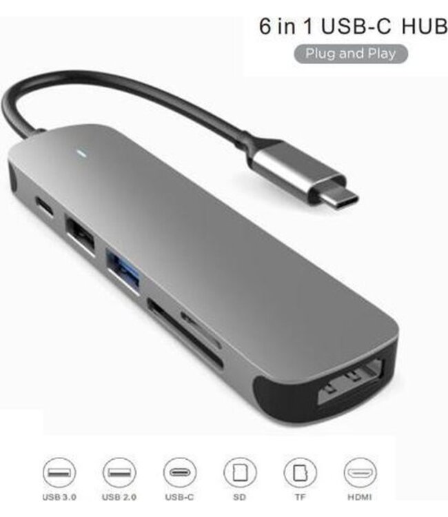 Fuegobird 6 in 1 USB-C HUB - USB3.0 + SD/TF + HDMI + USB-C - Blinklicht