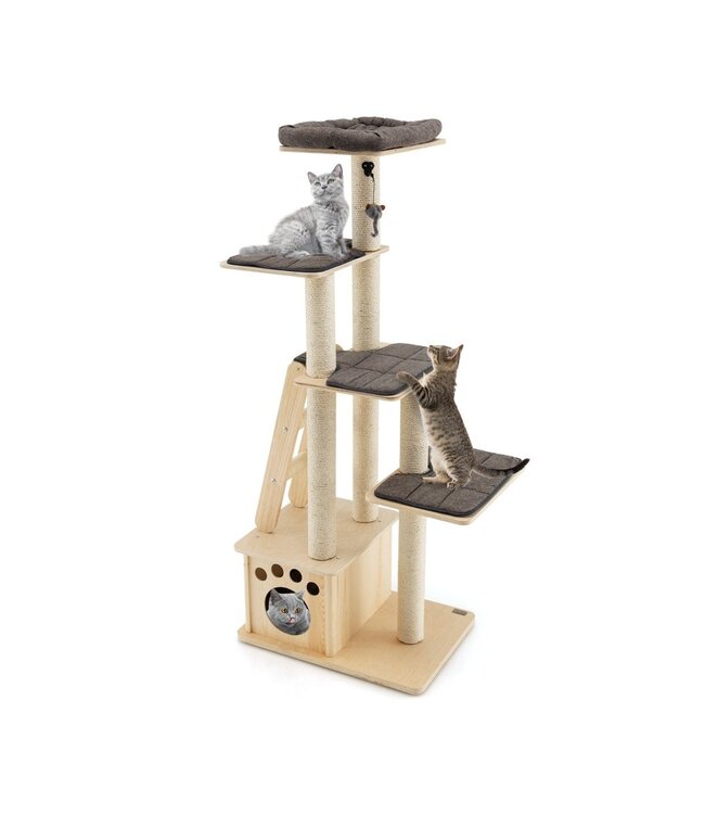 Coast Modern Scratching Post mit Katzenhaus & Spielzeugball & Rampe 70 x 50 x 169 cm Beige