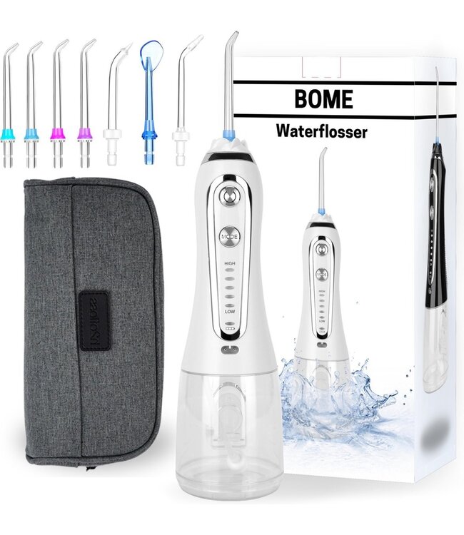 BOME Water Flosser mit 7 Aufsätzen - Mundspülung - Zahnstein vorbeugen - kabellos - 5 Stufen - Weiß