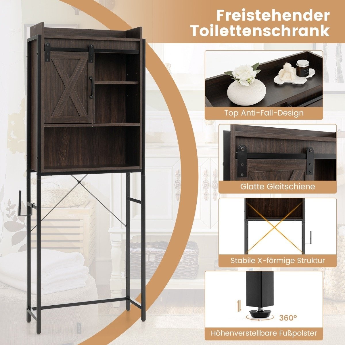 0783501363514 - Costway Free -Standtoilettenschrank Badregal mit verstellbaren Fächern rustikal braun 0783501363514 - Costway Free -Standtoilettenschrank Badregal mit verstellbaren Fächern rustikal braun