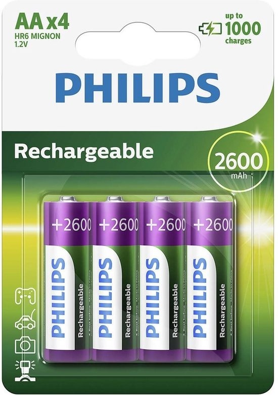 Batterien C günstig Kaufen-Wiederaufladbare Philips AA-Batterien. Wiederaufladbare Philips AA-Batterien <![CDATA[Mit einer fantastischen Kapazität von 2600 mAh sind diese Batterien perfekt für Digitalkameras und andere Geräte mit hohem Stromverbrauch. Diese 4 AA-Batterien mit se