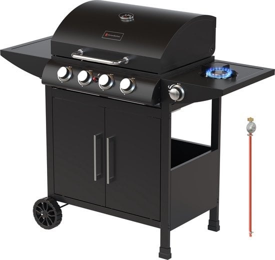 mit 7 günstig Kaufen-KitchenBrothers Gas BBQ - Gasgrill mit Seitenbrenner - 5 Brenner - Mit Gasanschluss - 42x57cm Grillfläche - Extra Stauraum - Schwarz. KitchenBrothers Gas BBQ - Gasgrill mit Seitenbrenner - 5 Brenner - Mit Gasanschluss - 42x57cm Grillfläche - Ext