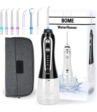 BOME BOME Water Flosser mit 7 Aufsätze - Oral Wash - Vorbeugung von Zahnstein - Cordless - 5 Stufen - Schwarz