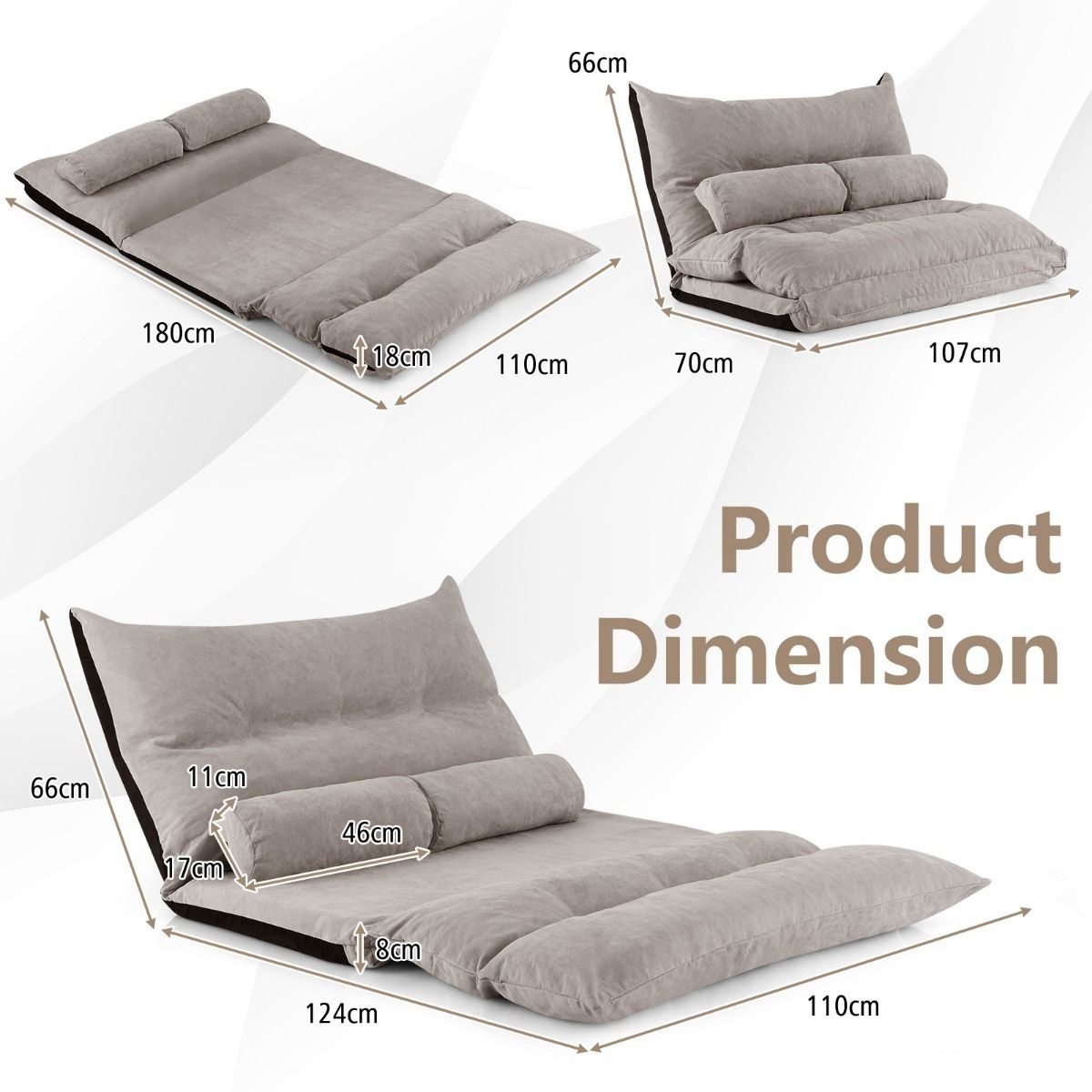 0783501390923 - Costway Bodensofa - Schlafsofa - klappbar - verstellbare Rückenlehne - 2 Kissen - flach 180 x 110 x 18cm - grau 0783501390923 - Costway Bodensofa - Schlafsofa - klappbar - verstellbare Rückenlehne - 2 Kissen - flach 180 x 110 x 18cm - grau