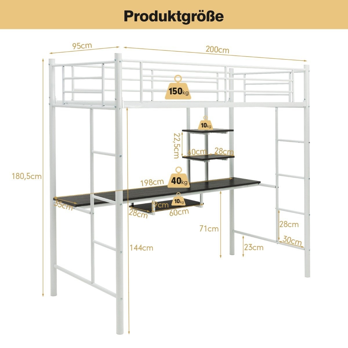 0033616041402 - Etagenbettgestell mit Schreibtisch - Metall - Weiß - 200 x 95 x 1805 cm 0033616041402 - Etagenbettgestell mit Schreibtisch - Metall - Weiß - 200 x 95 x 1805 cm