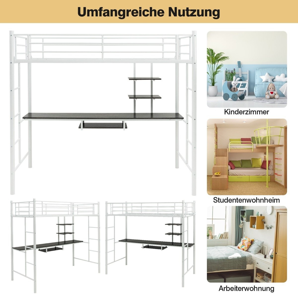0033616041402 - Etagenbettgestell mit Schreibtisch - Metall - Weiß - 200 x 95 x 1805 cm 0033616041402 - Etagenbettgestell mit Schreibtisch - Metall - Weiß - 200 x 95 x 1805 cm