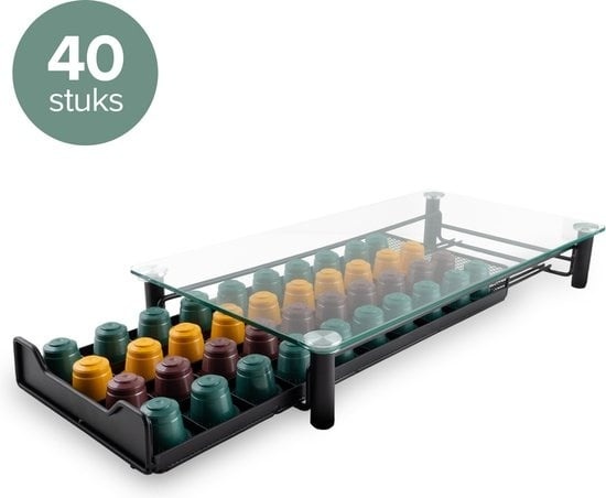8720167428562 - Nimma Nespresso-Kapselhalter - für 40 Kapseln - mit Schublade - Kaffeetassenhalter - Glas - Schwarz 8720167428562 - Nimma Nespresso-Kapselhalter - für 40 Kapseln - mit Schublade - Kaffeetassenhalter - Glas - Schwarz