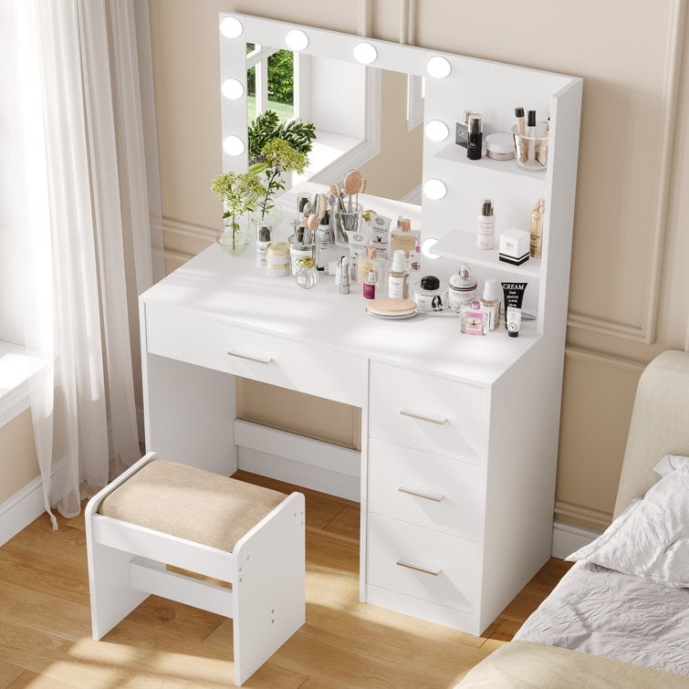 0195321858093 - Ebern Designs Schminktisch - Inklusive Beleuchtung & Spiegel - Weiß 0195321858093 - Ebern Designs Schminktisch - Inklusive Beleuchtung & Spiegel - Weiß