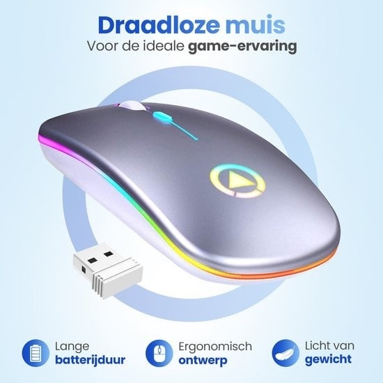 8720254992891 - Garpex® Silent Wireless Mouse - Gaming-Maus - Computer-Maus - Kabellose Maus - Mit LED-Beleuchtung - Wiederaufladbar - Farbe Silber 8720254992891 - Garpex® Silent Wireless Mouse - Gaming-Maus - Computer-Maus - Kabellose Maus - Mit LED-Beleuchtung - Wiederaufladbar - Farbe Silber