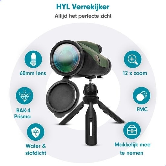 8720299871717 - HYL Monokulares Fernglas 20 - 12x60 - Monokular mit Handschlaufe & Stativ - Fernglas Kompakt - Monokular - Spektiv - Dunkelgrün 8720299871717 - HYL Monokulares Fernglas 20 - 12x60 - Monokular mit Handschlaufe & Stativ - Fernglas Kompakt - Monokular - Spektiv - Dunkelgrün