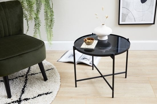 8720195388241 - Lifa Living - Runder Beistelltisch - Marmoroptik - Schwarz - Tischplatte aus Glas - Metallgestell - ø 48 x 40 cm - Tragkraft 5 kg - Luxuriös - Minimalistisch 8720195388241 - Lifa Living - Runder Beistelltisch - Marmoroptik - Schwarz - Tischplatte aus Glas - Metallgestell - ø 48 x 40 cm - Tragkraft 5 kg - Luxuriös - Minimalistisch