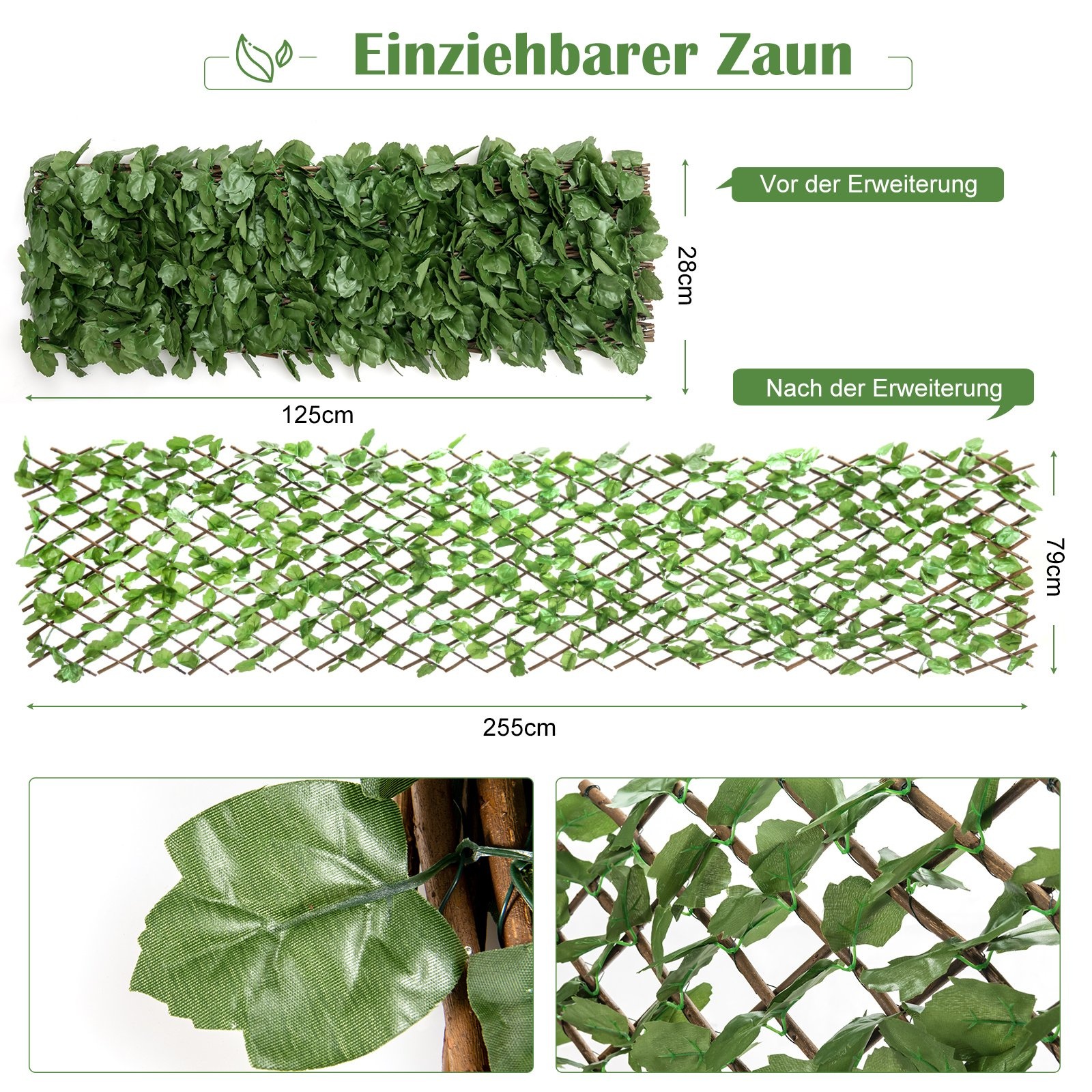0736542283075 - Künstliches Pflanzenwand Hecke Efeublaettern Sichtschutz Heckenpflanze Windschutz für Garten Dekor 29x127cm 255x79cm - Costway 0736542283075 - Künstliches Pflanzenwand Hecke Efeublaettern Sichtschutz Heckenpflanze Windschutz für Garten Dekor 29x127cm 255x79cm - Costway