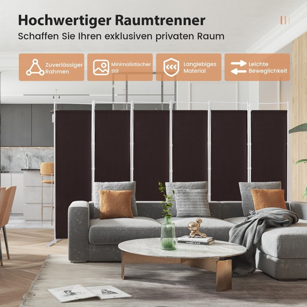 0783501365464 - 6-teiliger Raumteiler mit robusten Scharnieren und Metallfuß 300 cm lang braun