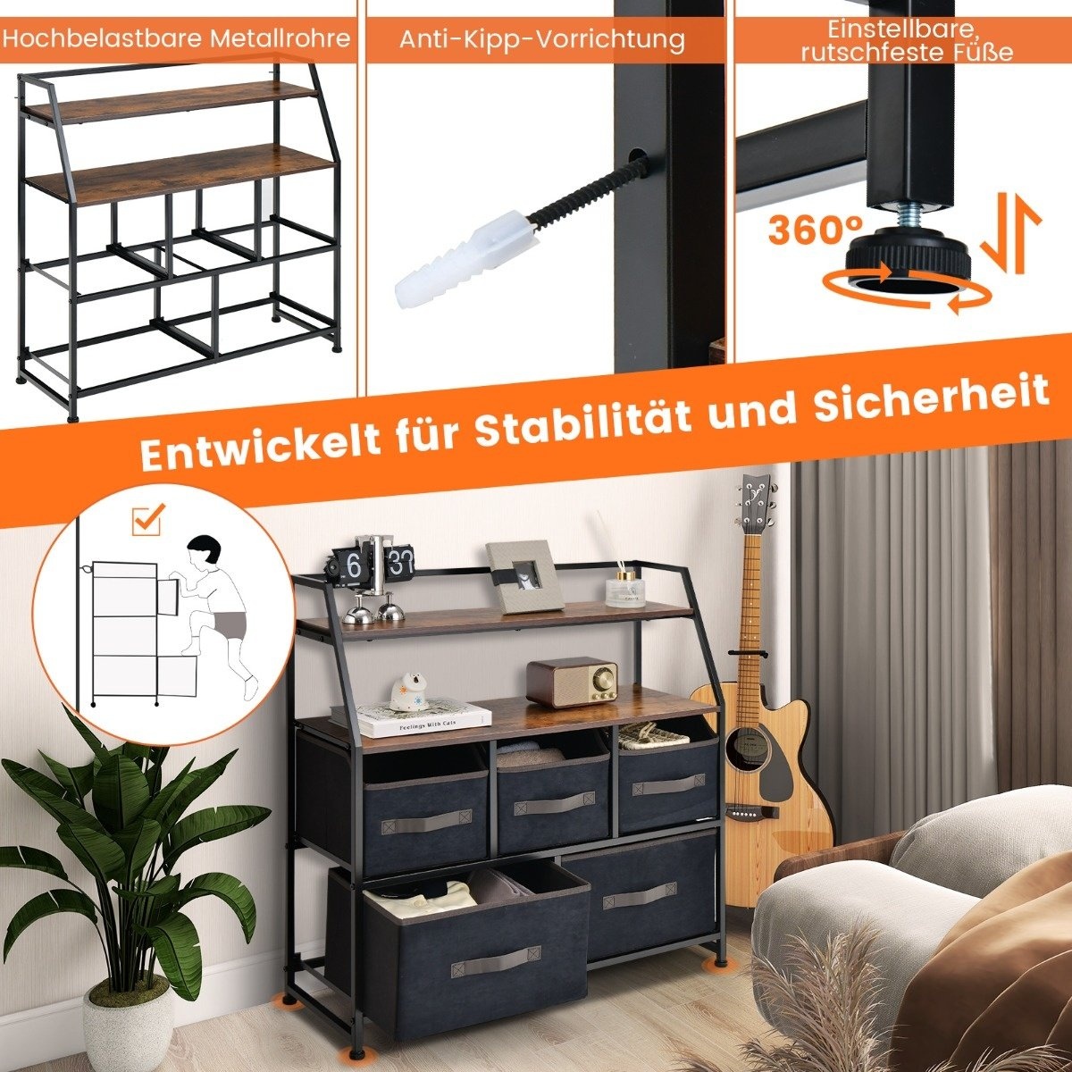 mit Ablage günstig Kaufen-Coast 5-Schubladen-Sideboard mit Stoffschublade Stoffkoffer. Coast 5-Schubladen-Sideboard mit Stoffschublade Stoffkoffer <![CDATA[Diese Kommode mit 5 Schubladen und oberer Ablage macht Ihr Zimmer sauberer und ordentlicher. Mit 5 Schubladen in 2 verschiede