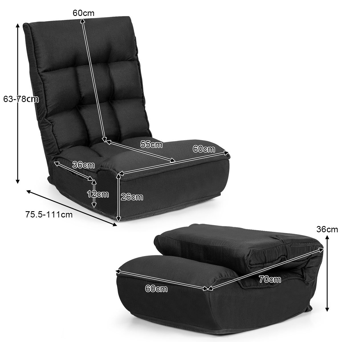0794094639252 - 4-stufig Verstellbarer Bodenstuhl klappbar gepolstert ergonomisch bis 140kg (Schwarz) 0794094639252 - 4-stufig Verstellbarer Bodenstuhl klappbar gepolstert ergonomisch bis 140kg (Schwarz)