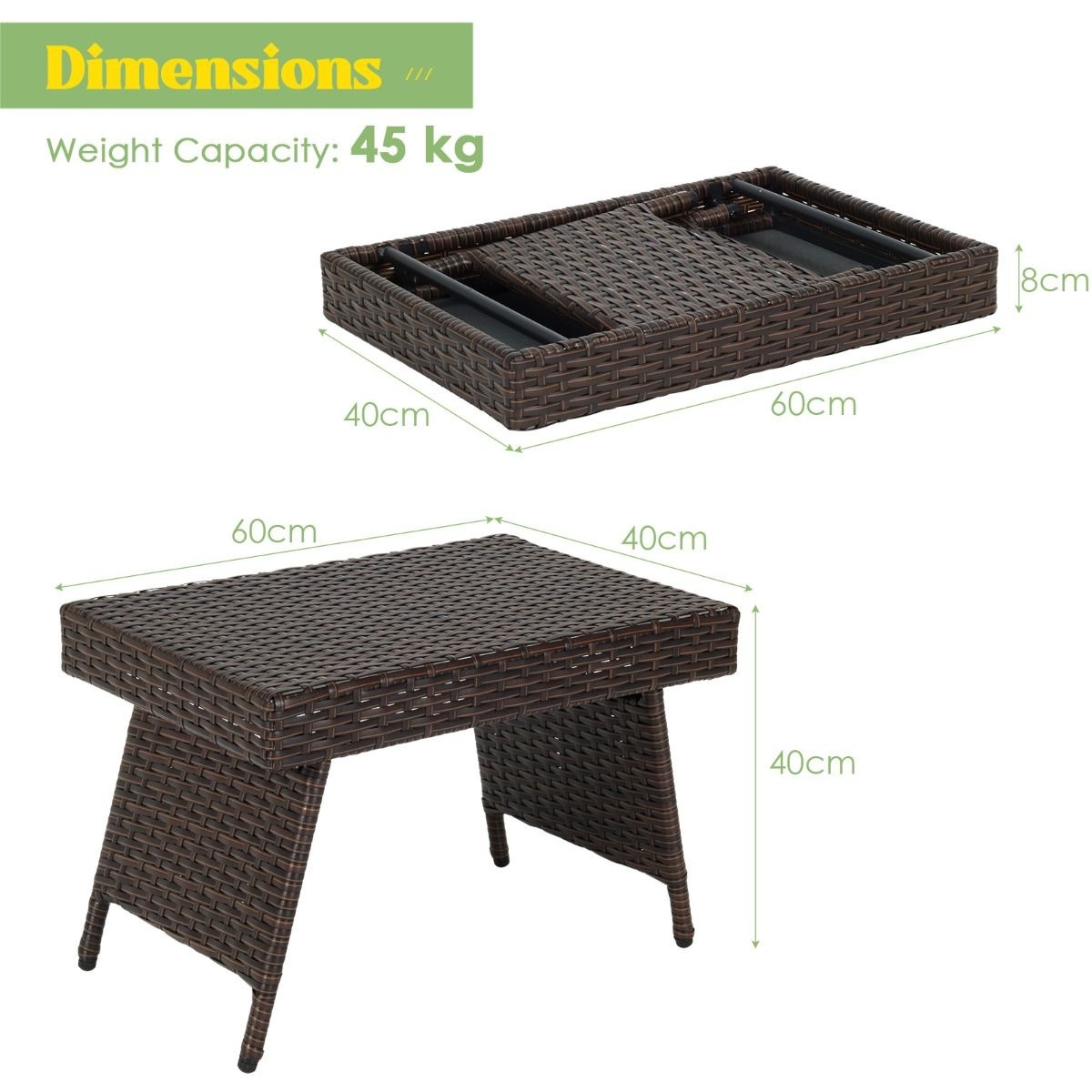 0794094544150 - Costway - Rattantisch klappbar Beistelltisch Polyrattan Gartentisch Bistrotisch Kaffeetisch 60x40x40 cm Balkontisch Teetisch Betttisch für Garten