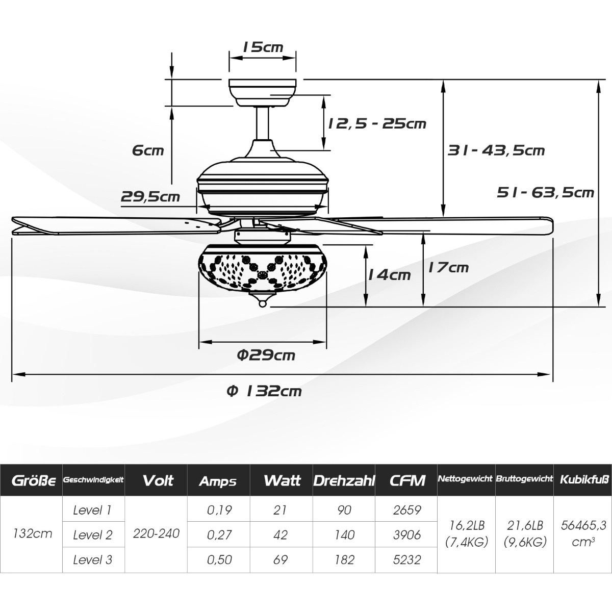 0794094639283 - 132 cm Deckenventilator Holz mit Beleuchtung Umkehrbarer Ventilator mit Lampe 4h Timer weiß