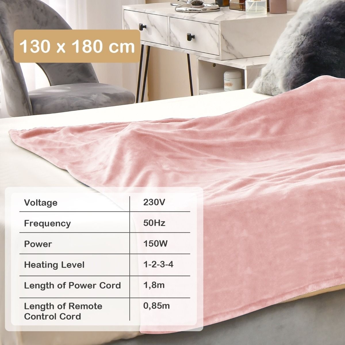 0783501424024 - Elektrische Decke - mit Zeitschaltuhr - 130 x 180 cm - Rosa