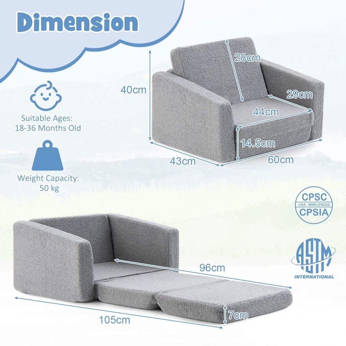 0783501427957 - Kindersessel - klappbar - abnehmbarer Bezug - 60 x 43 x 40 cm - Grau 0783501427957 - Kindersessel - klappbar - abnehmbarer Bezug - 60 x 43 x 40 cm - Grau