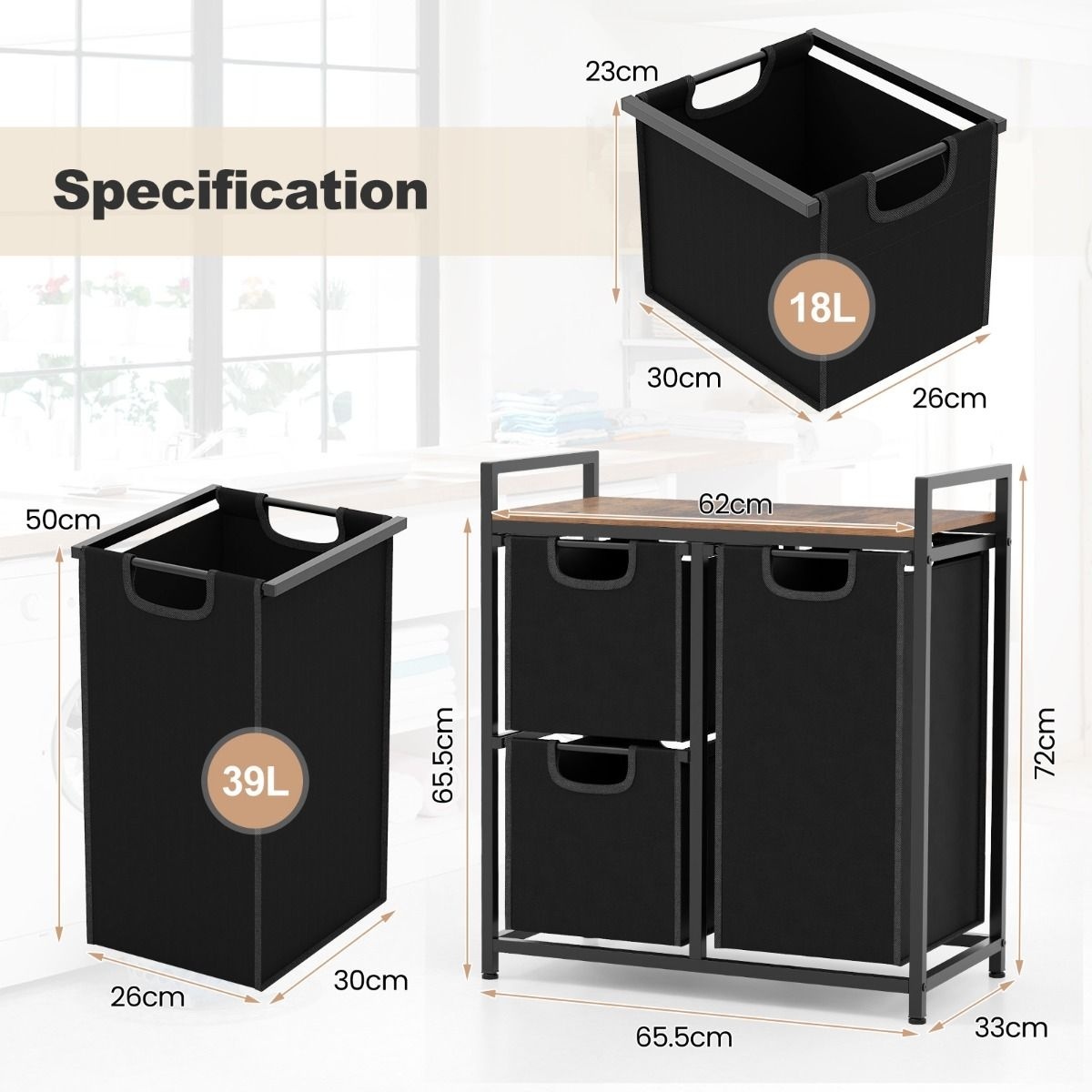 0033616077326 - Wäschekorb mit 3 Schubladen - 75L - Industrial - 66 x 33 x 72 cm - Braun Schwarz 0033616077326 - Wäschekorb mit 3 Schubladen - 75L - Industrial - 66 x 33 x 72 cm - Braun Schwarz