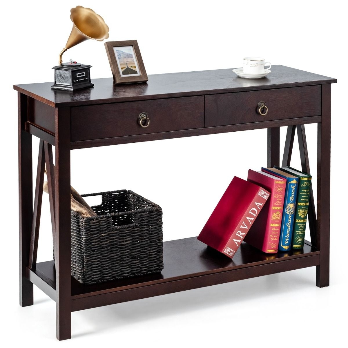 0783501367338 - Beistelltisch mit 2 Schubladen und offenem Regal - 106 x 35 x 78 cm - Massivholz+MDF - Braun 0783501367338 - Beistelltisch mit 2 Schubladen und offenem Regal - 106 x 35 x 78 cm - Massivholz+MDF - Braun