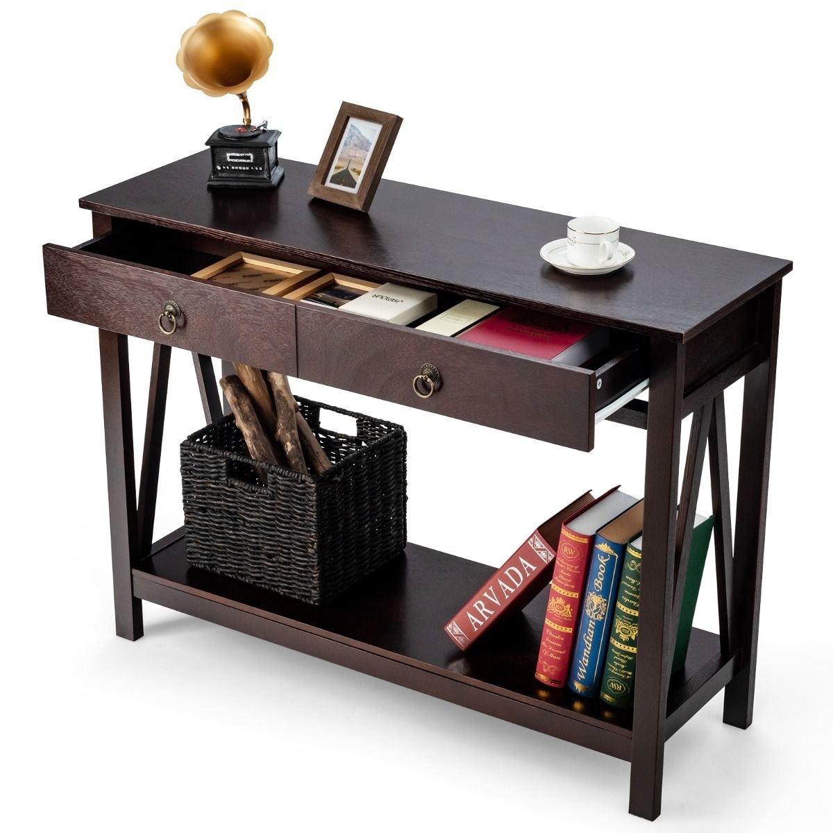 0783501367338 - Beistelltisch mit 2 Schubladen und offenem Regal - 106 x 35 x 78 cm - Massivholz+MDF - Braun 0783501367338 - Beistelltisch mit 2 Schubladen und offenem Regal - 106 x 35 x 78 cm - Massivholz+MDF - Braun