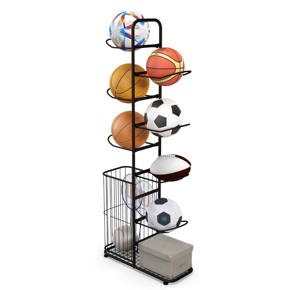 0033616077913 - Ball-Aufbewahrungsregal - 7 Schichten - mit Seitenkorb - Metall - 59 x 24 x 147 cm - Schwarz 0033616077913 - Ball-Aufbewahrungsregal - 7 Schichten - mit Seitenkorb - Metall - 59 x 24 x 147 cm - Schwarz