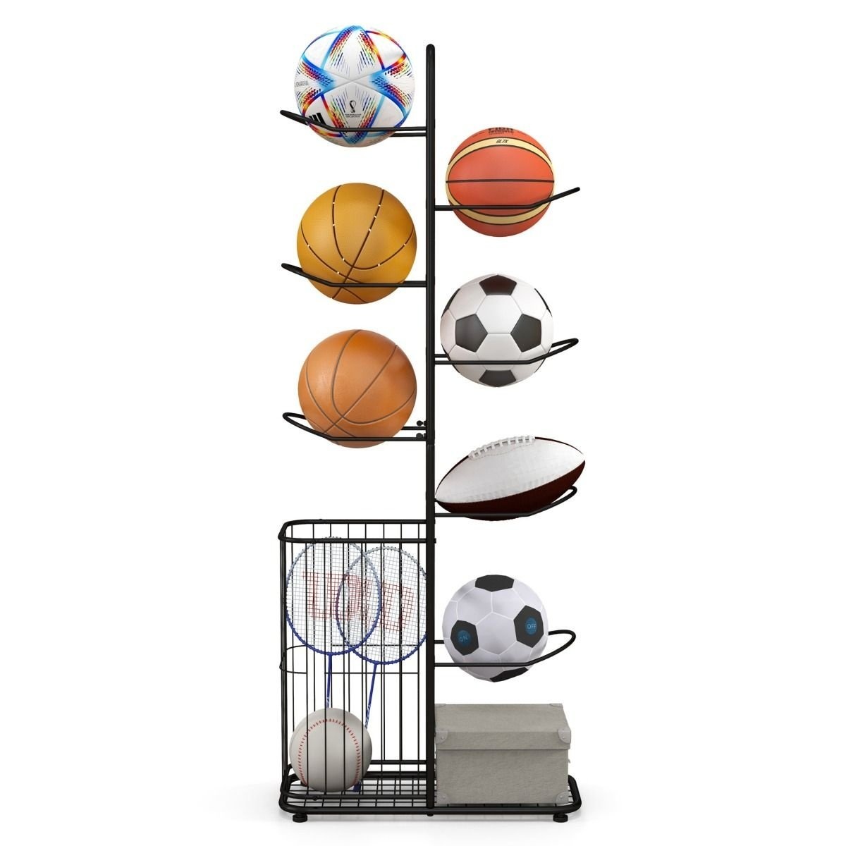 0033616077913 - Ball-Aufbewahrungsregal - 7 Schichten - mit Seitenkorb - Metall - 59 x 24 x 147 cm - Schwarz 0033616077913 - Ball-Aufbewahrungsregal - 7 Schichten - mit Seitenkorb - Metall - 59 x 24 x 147 cm - Schwarz