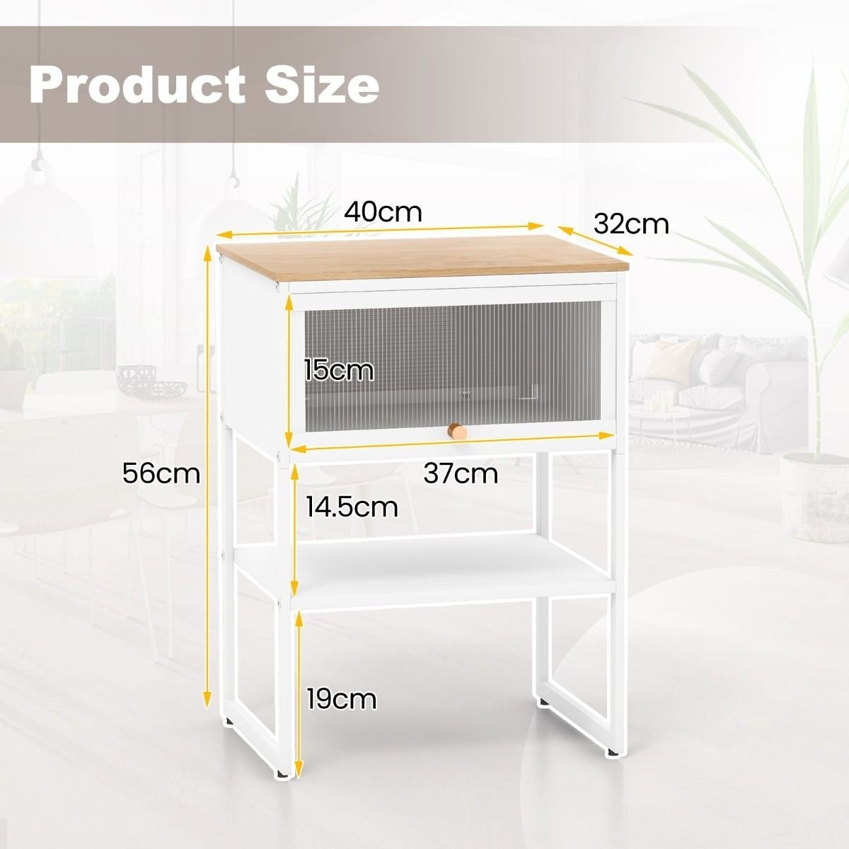 0033616076145 - Nachttisch - mit offenem Regal und transparenter Klapptür - 40 x 32 x 56 cm - Weiß