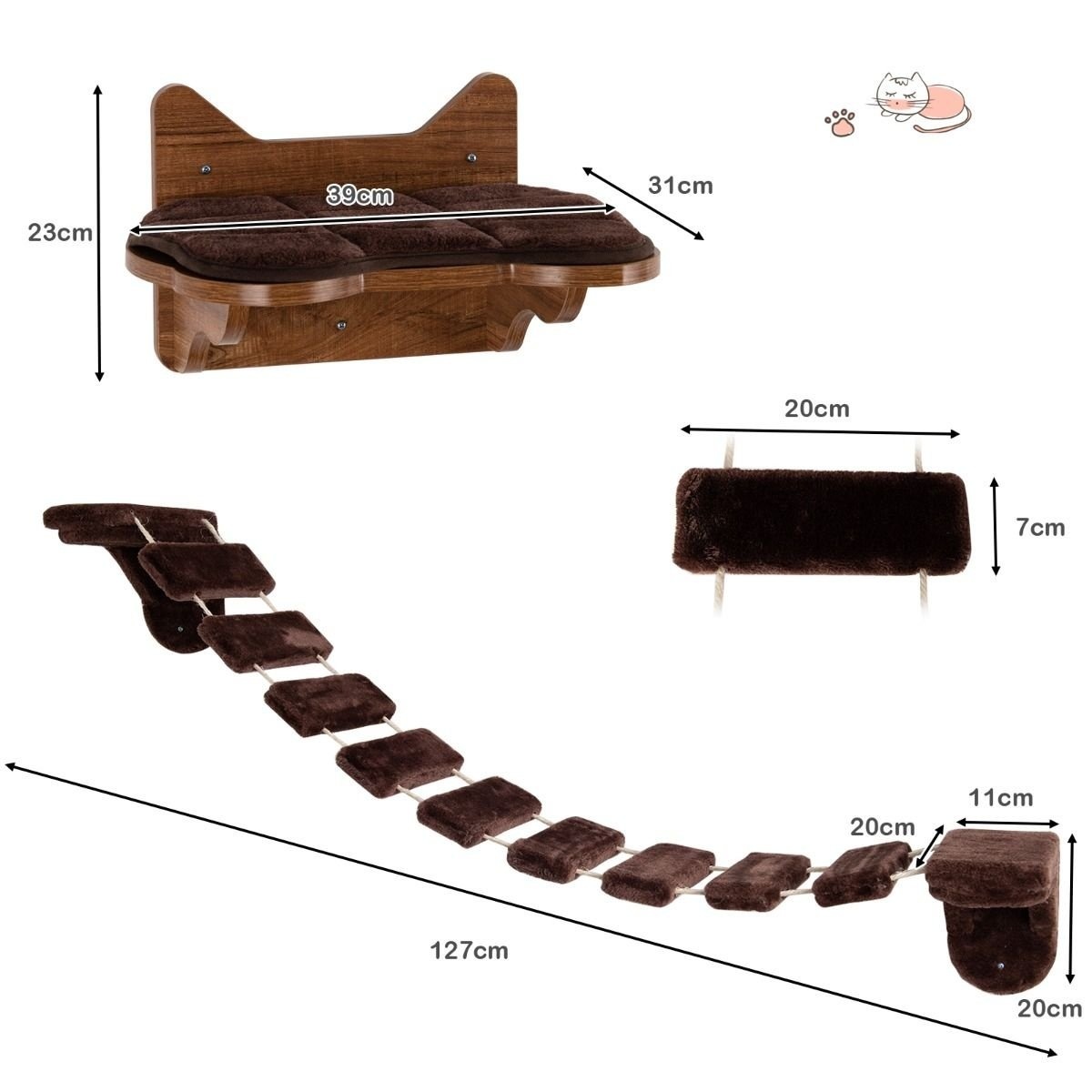 0736542321869 - Katzenklettergerüst mit Katzenbett - Wandmontage - Holz - Braun 0736542321869 - Katzenklettergerüst mit Katzenbett - Wandmontage - Holz - Braun