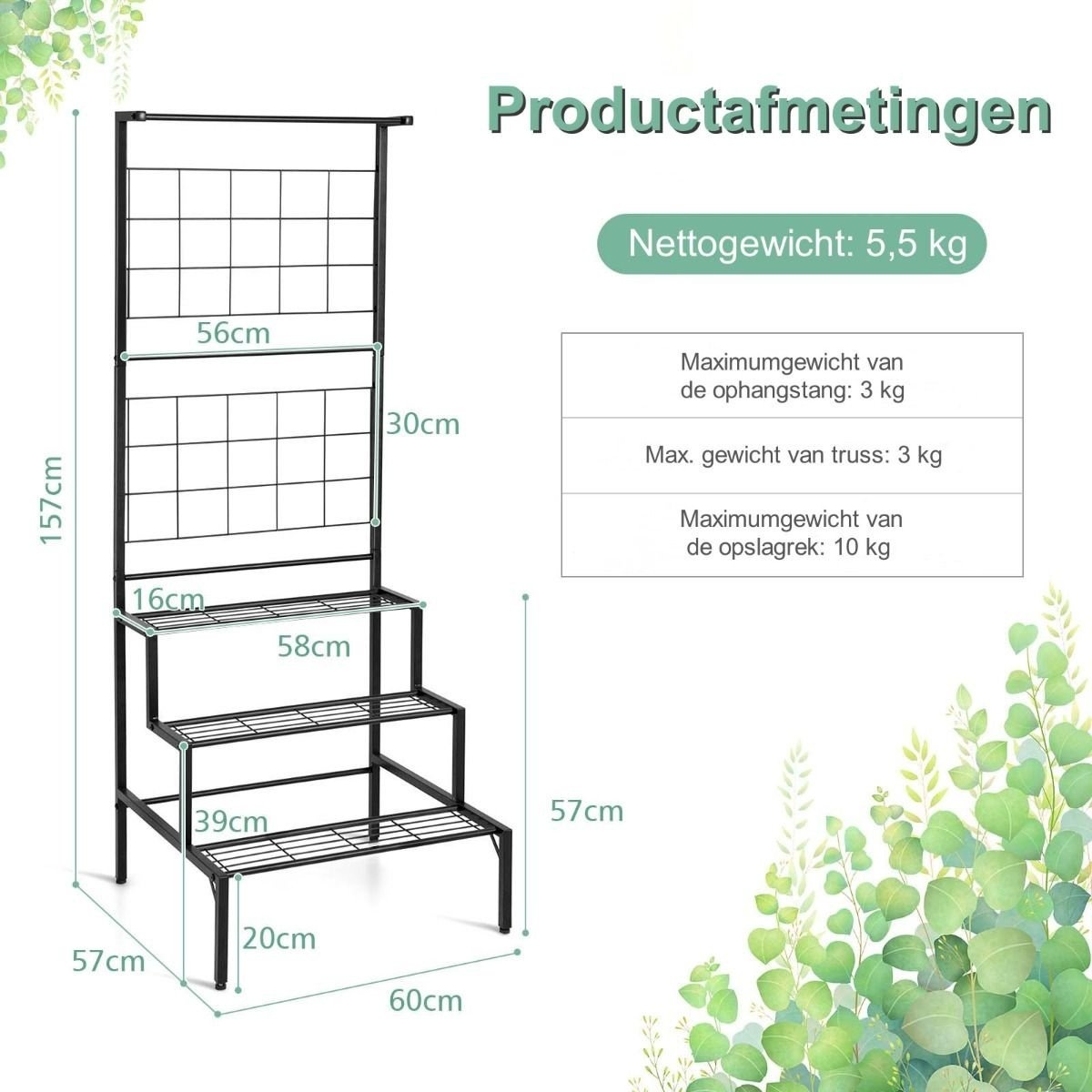 0783501229483 - Hängepflanzenständer - 3 Schichten - Metall - 60 x 57 x 157 cm - Schwarz 0783501229483 - Hängepflanzenständer - 3 Schichten - Metall - 60 x 57 x 157 cm - Schwarz