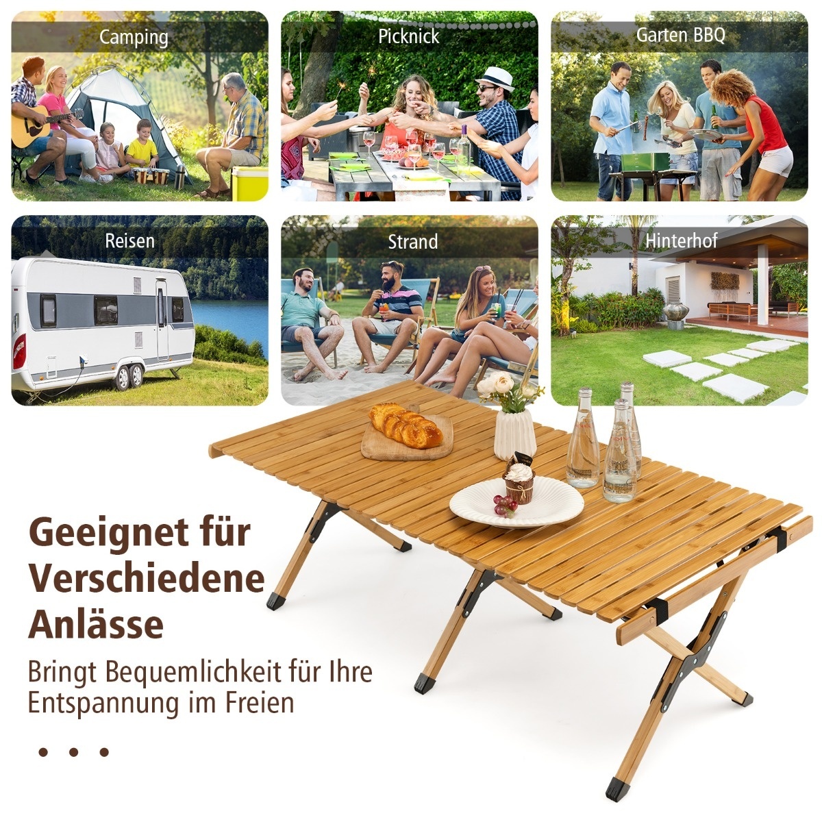 0783501229360 - Campingtisch klappbarer Picknicktisch mit Tragetasche rollender Bambustisch 122 x 60 x 435 cm natur 0783501229360 - Campingtisch klappbarer Picknicktisch mit Tragetasche rollender Bambustisch 122 x 60 x 435 cm natur