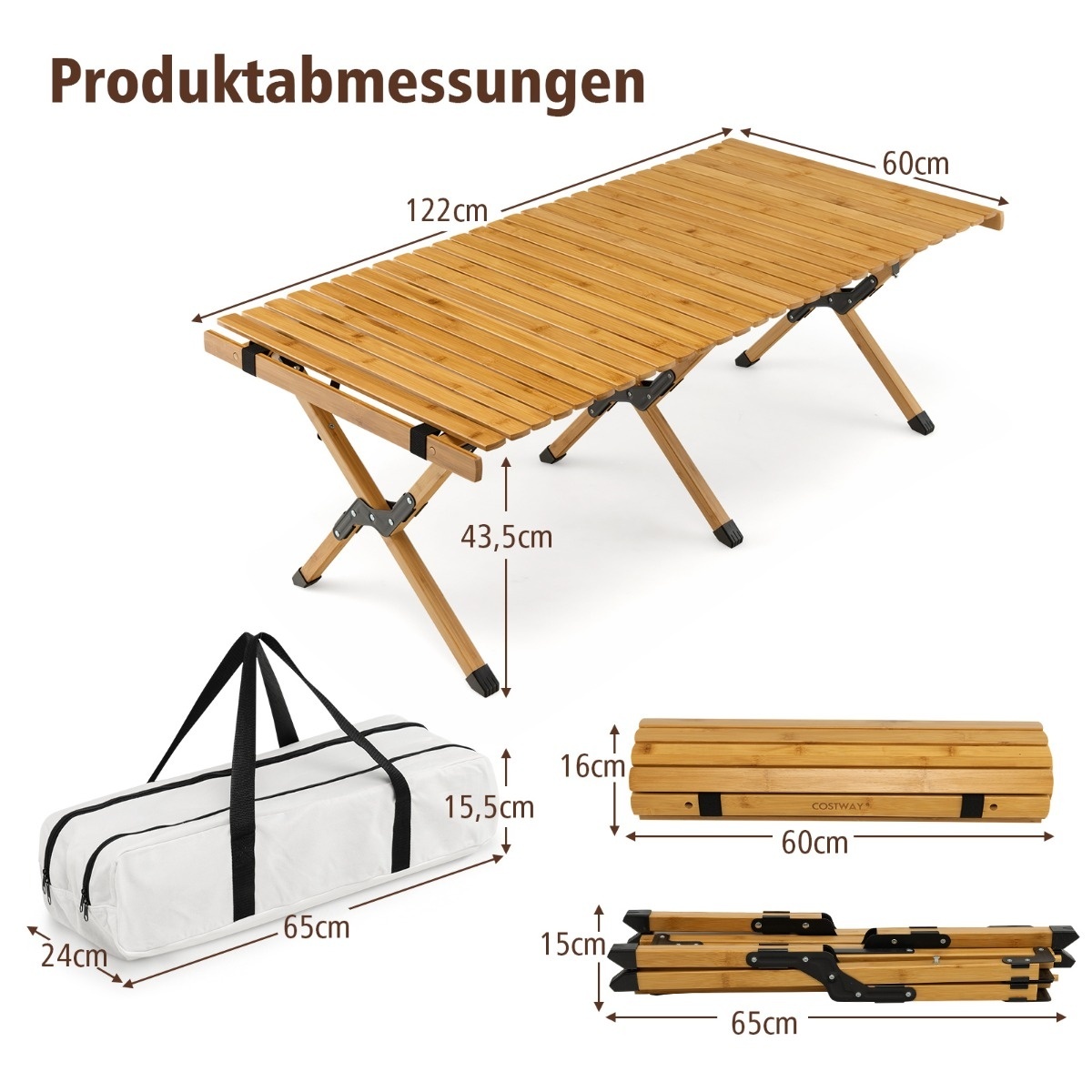 0783501229360 - Campingtisch klappbarer Picknicktisch mit Tragetasche rollender Bambustisch 122 x 60 x 435 cm natur 0783501229360 - Campingtisch klappbarer Picknicktisch mit Tragetasche rollender Bambustisch 122 x 60 x 435 cm natur