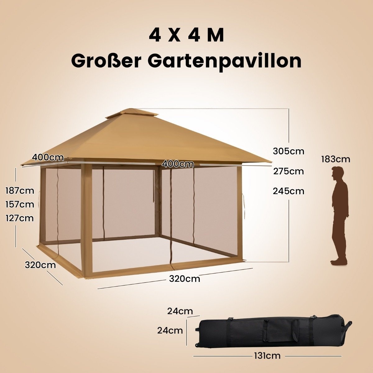 0783501297659 - 4 x 4 m Pavillon Gartenpavillon mit Netzwänden UV-Schutz 50+ khaki 0783501297659 - 4 x 4 m Pavillon Gartenpavillon mit Netzwänden UV-Schutz 50+ khaki