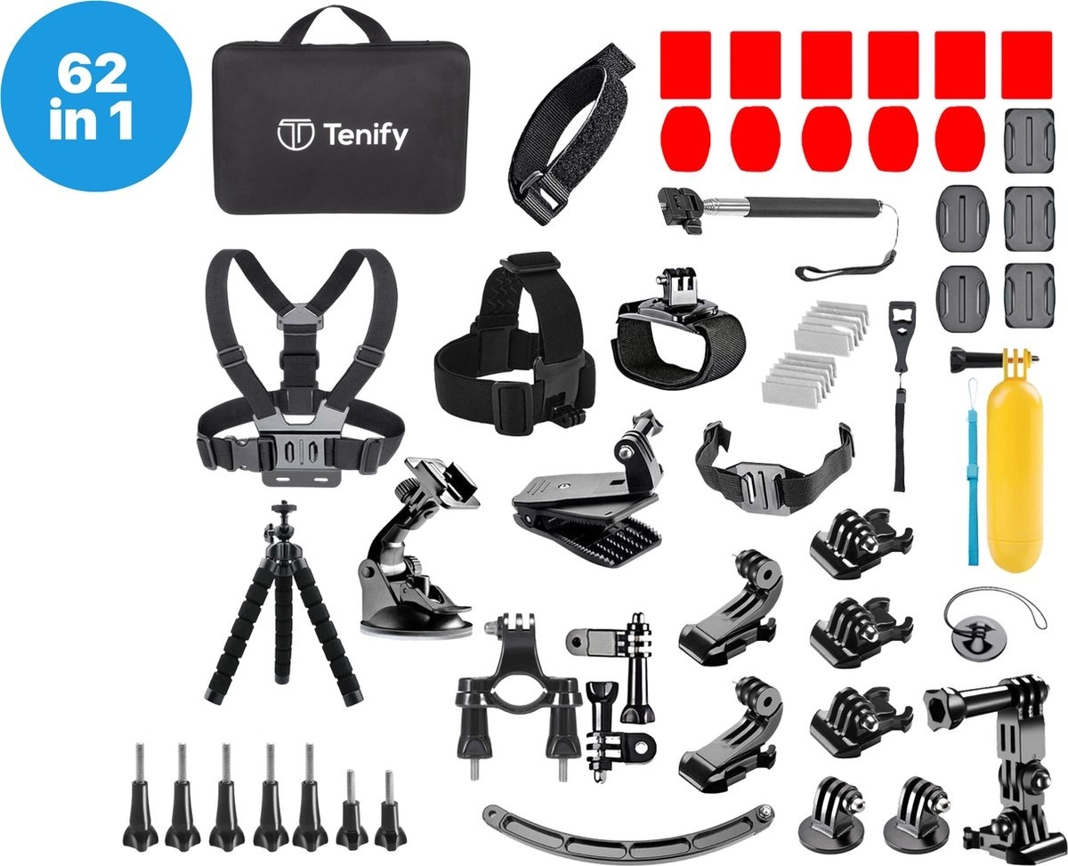 8720726511186 - Tenify GoPro Zubehör Set 62 in 1 - Action Kamera Set - Mit Halterung Stick & Tasche - Für GoPro Hero 11 10 9 8 7 6 5 4 - Mit luxuriöser Aufbewahrungstasche 8720726511186 - Tenify GoPro Zubehör Set 62 in 1 - Action Kamera Set - Mit Halterung Stick & Tasche - Für GoPro Hero 11 10 9 8 7 6 5 4 - Mit luxuriöser Aufbewahrungstasche