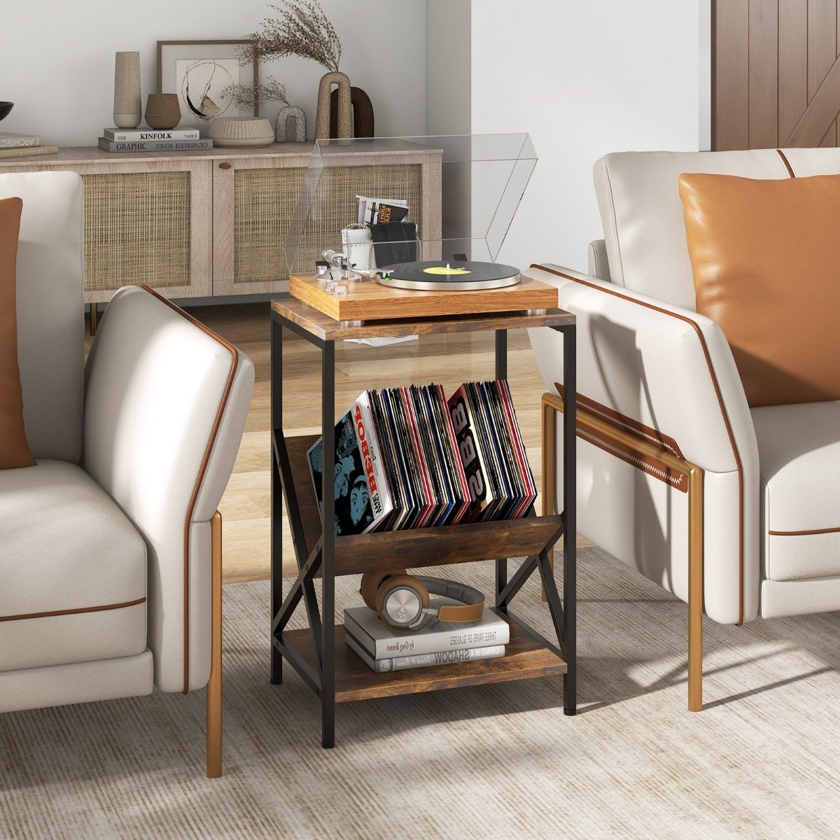 0783501340034 - Beistelltisch - 2 offene Ablagen und 1 V-förmige Ablage - 40 x 30 x 61 cm - Rustikales Braun 0783501340034 - Beistelltisch - 2 offene Ablagen und 1 V-förmige Ablage - 40 x 30 x 61 cm - Rustikales Braun