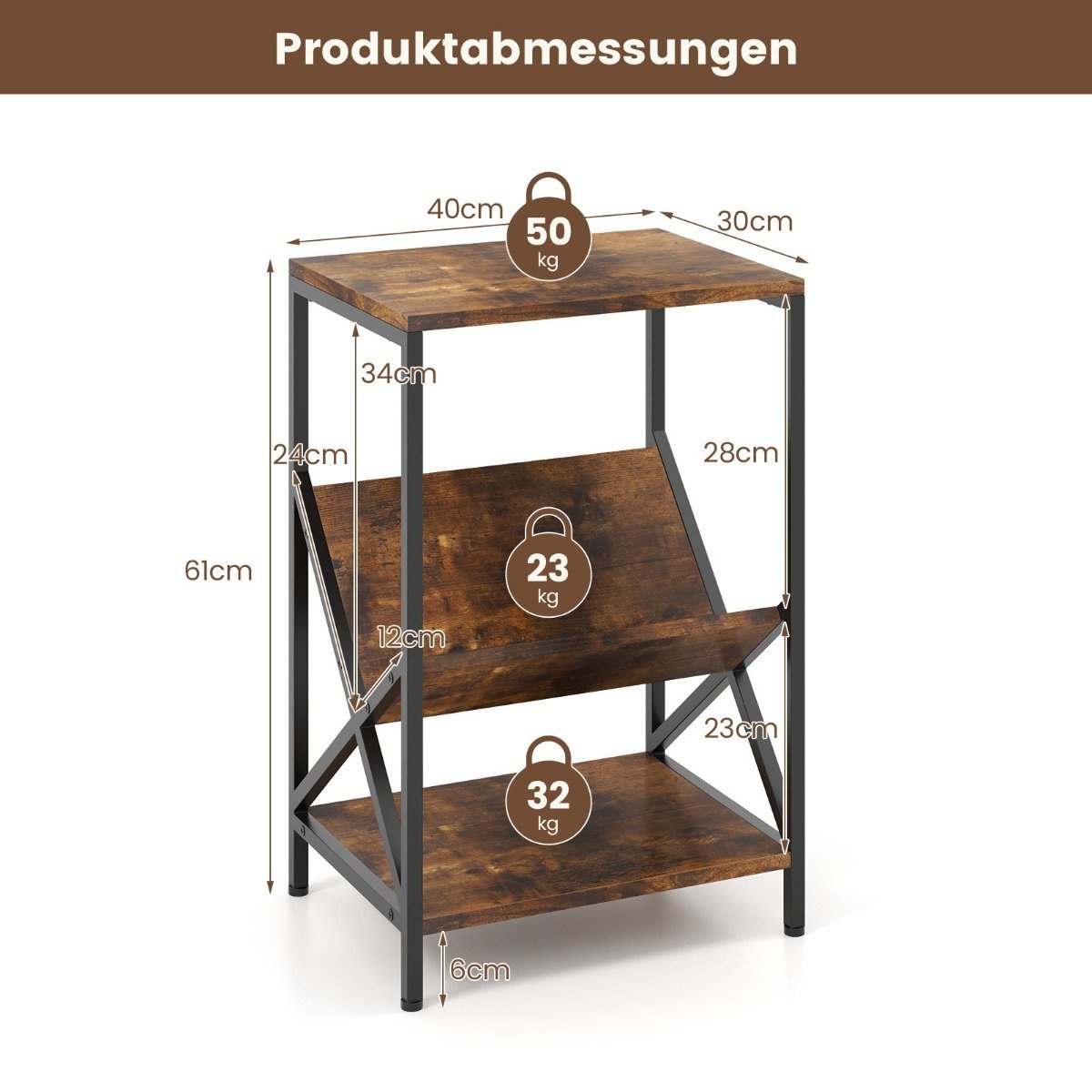 0783501340034 - Beistelltisch - 2 offene Ablagen und 1 V-förmige Ablage - 40 x 30 x 61 cm - Rustikales Braun 0783501340034 - Beistelltisch - 2 offene Ablagen und 1 V-förmige Ablage - 40 x 30 x 61 cm - Rustikales Braun