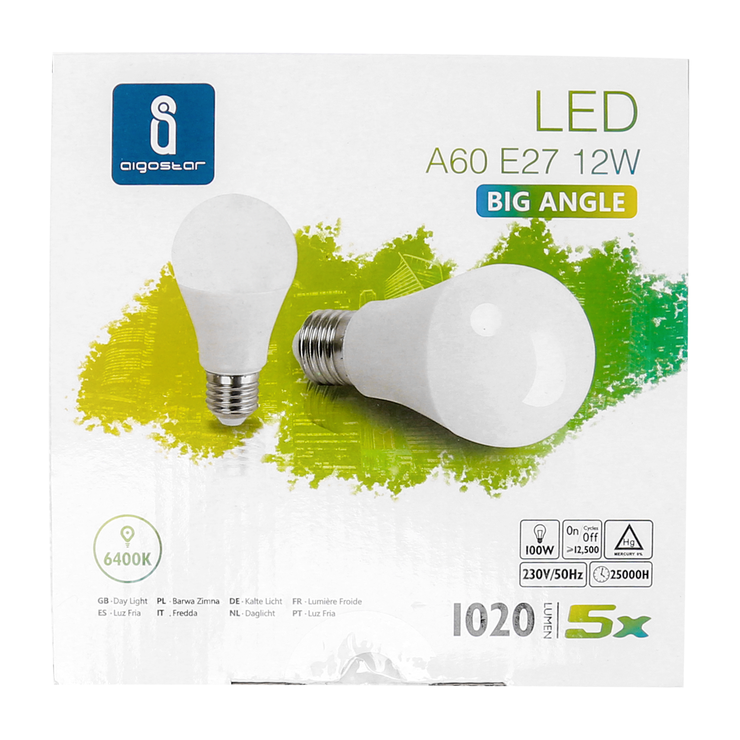 Gloeilamp E27 5 stuks daglichtwit | LED 12W=100W halogeenlicht | 6400K - 230V