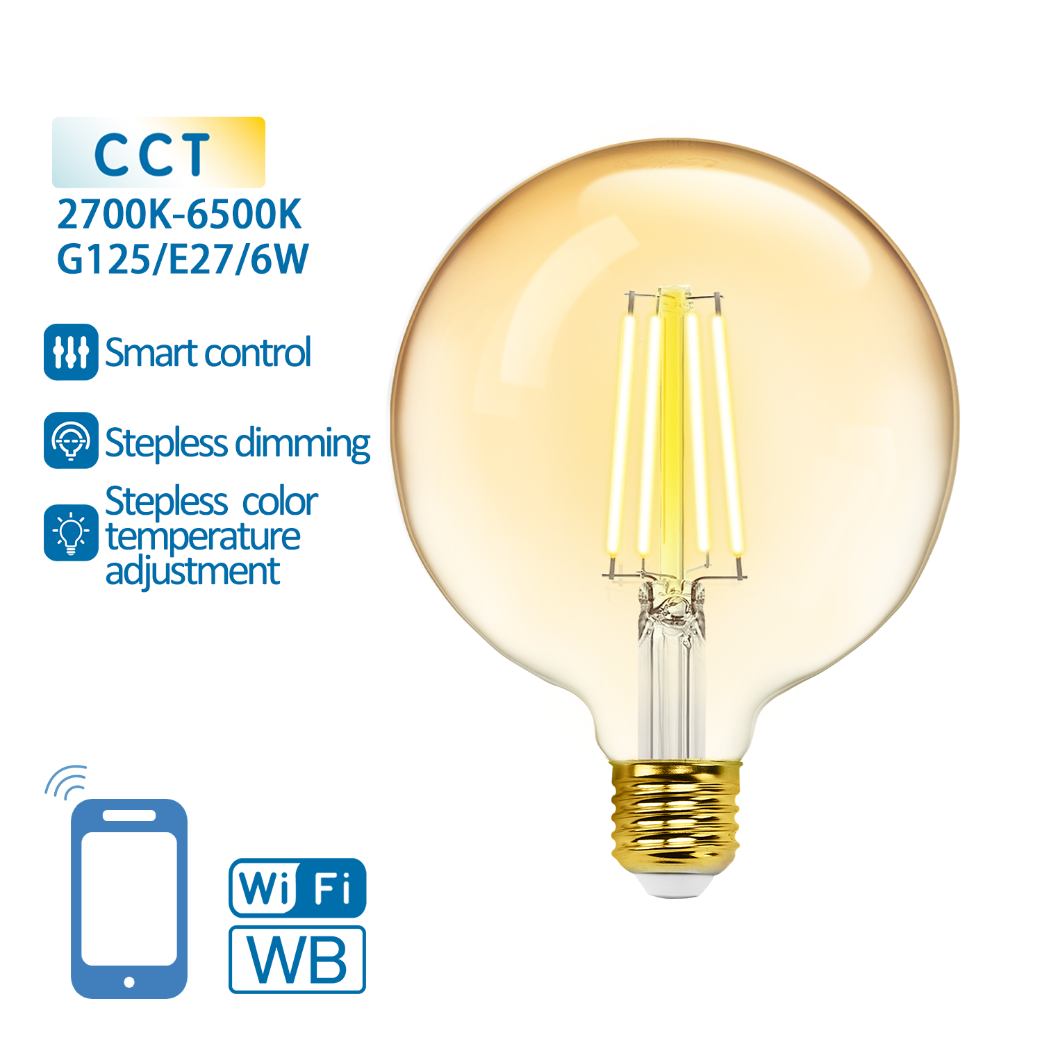 Globe E27 gloeilamp WiFi CCT 2700K-6500K | G125 - warmwit - daglichtwit LED 6W ~ 806 Lumen - amber glas - 230 Volt