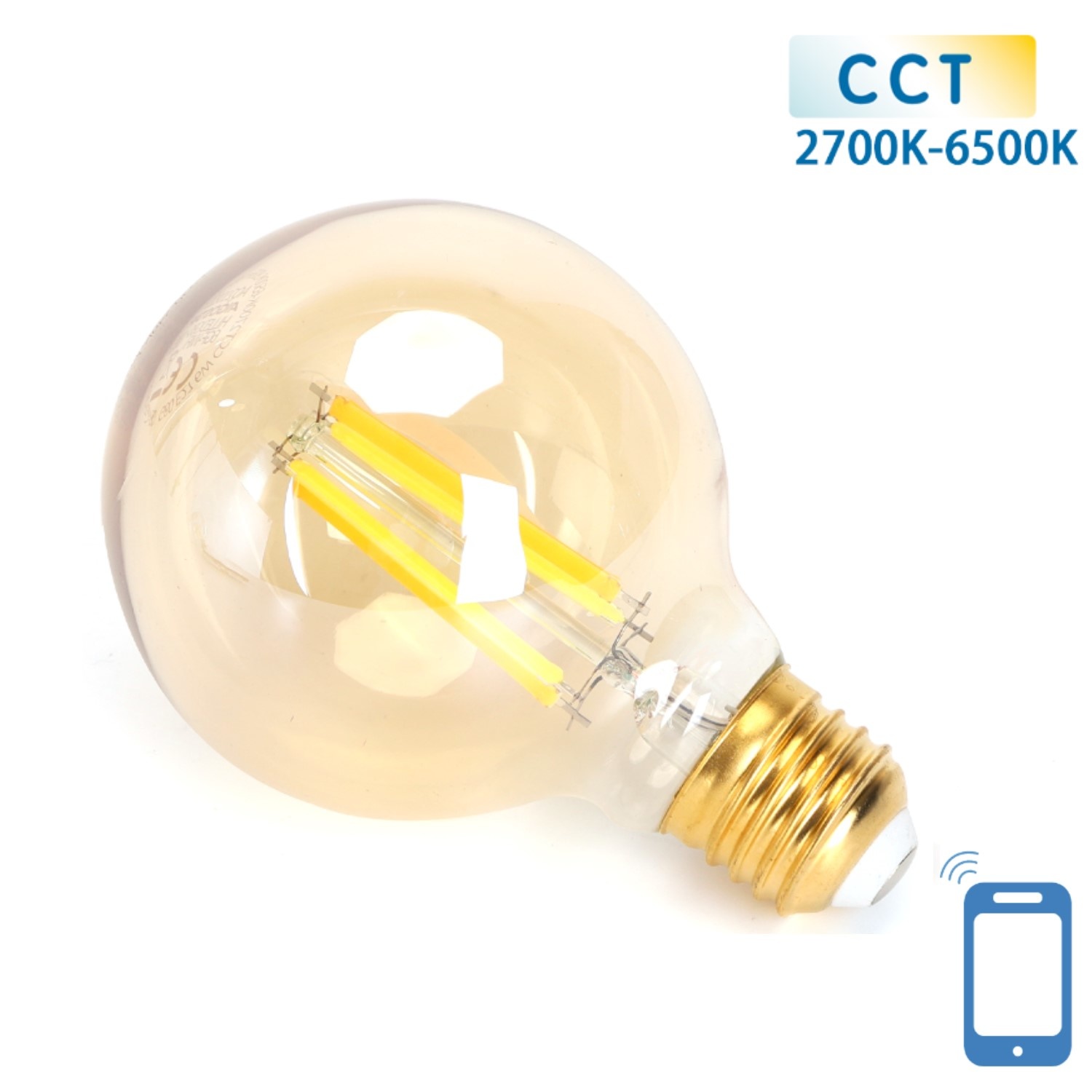 Globe E27 gloeilamp 6W WiFi CCT 2700K-6500K | G80 - warmwit - daglichtwit LED ~ 806 Lumen - amber glas - 230 Volt