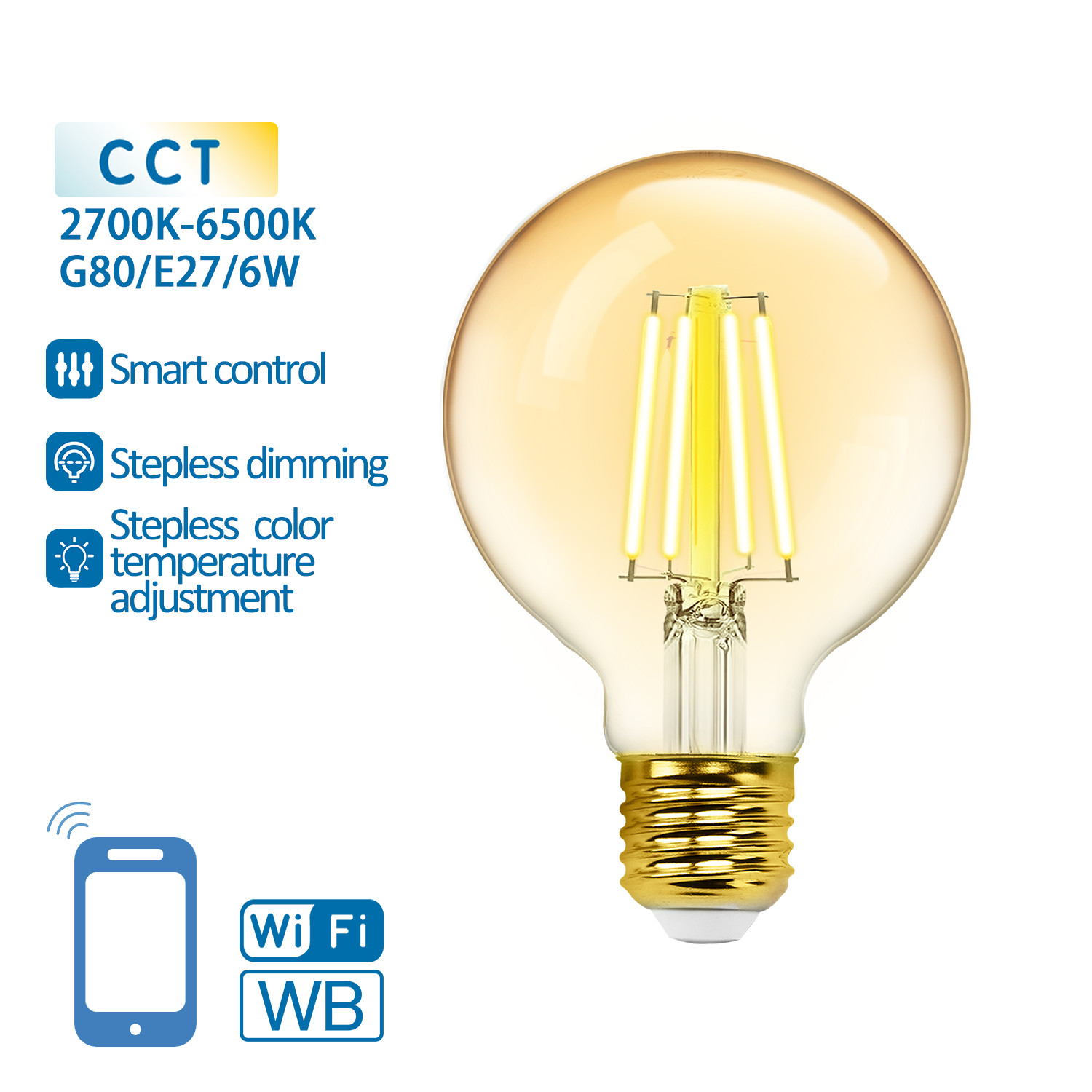 Globe E27 gloeilamp 6W WiFi CCT 2700K-6500K | G80 - warmwit - daglichtwit LED ~ 806 Lumen - amber glas - 230 Volt