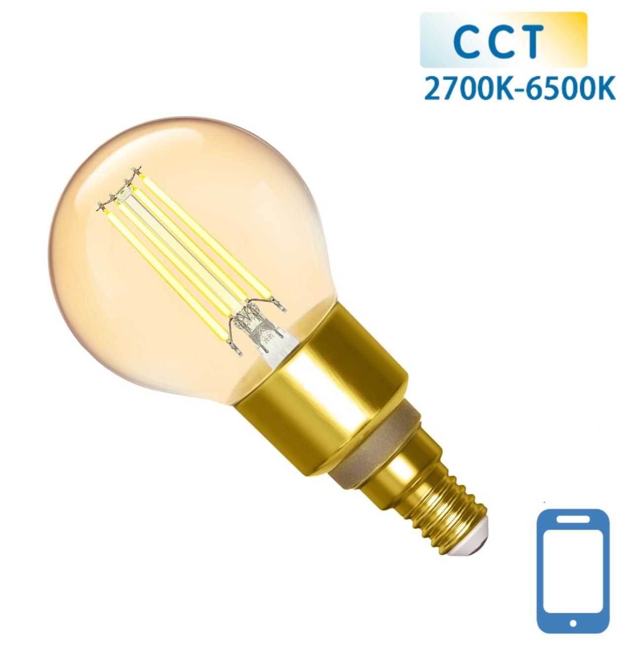 Kogellamp E14 4.5W WiFi + Bluetooth CCT 2700K-6500K | Smartlamp G45 - warmwit - daglichtwit filament LED ~ 470 Lumen - amber glas - 230 Volt